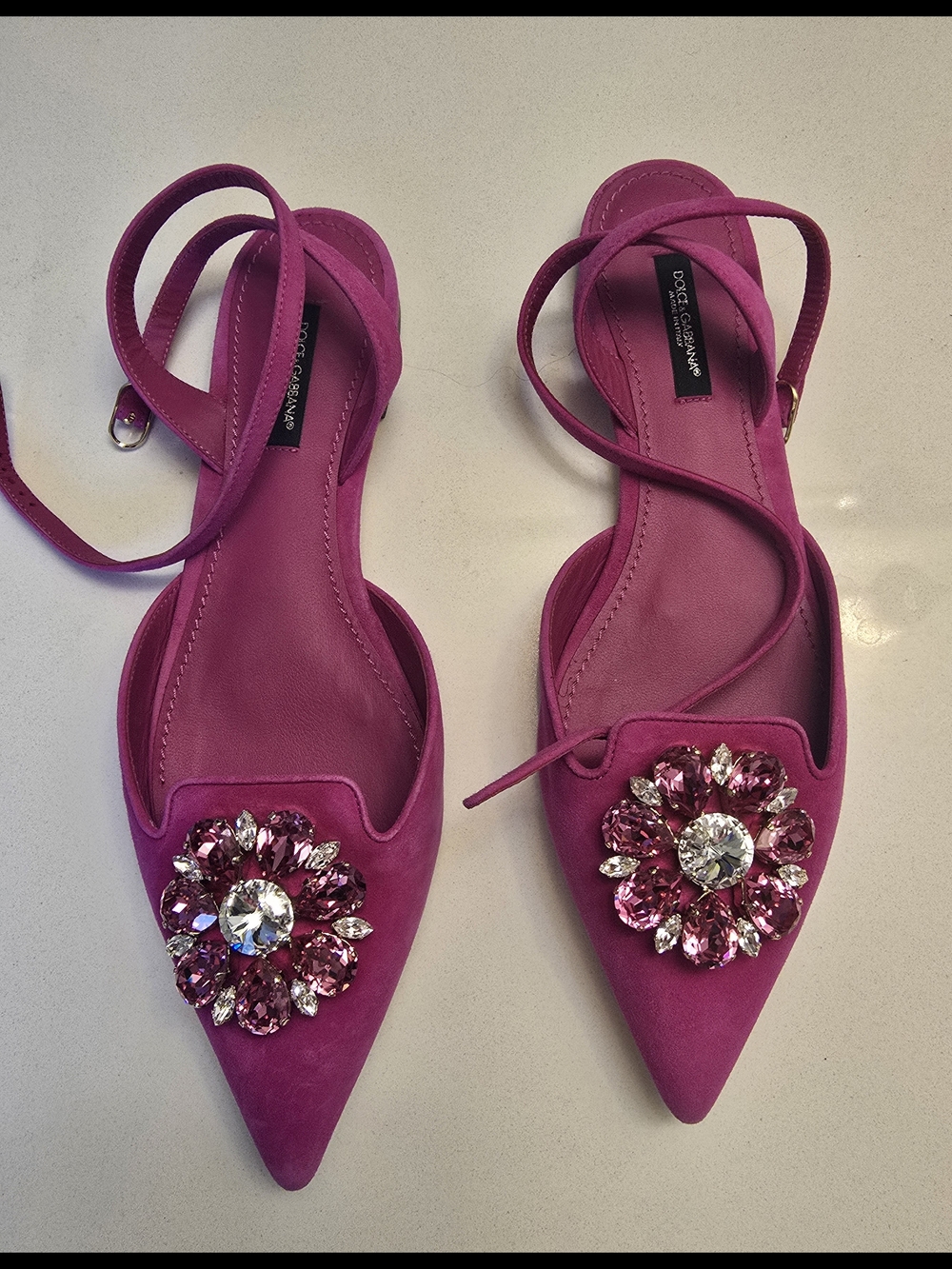 Dolce & Gabbana Pink Jeweled Pointed Slingback Flats